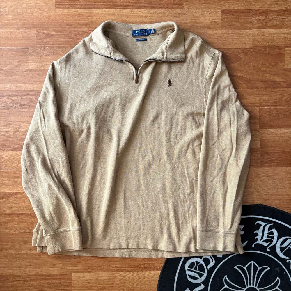 Polo Ralph Lauren Estate Rib Quarter-Zip Pullover Sweater in Tan